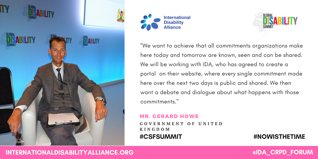 IDA_CRPD_Forum's tweet photo. "We want to achieve that all commitments organizations make here today and tomorrow are known, seen and can be shared," @GerardH07 @DFID_UK at the Civil Society Forum to the Global Disability Summit. Pose questions at: https://t.co/YQhIzDTRrv
#CSFSummit #NowIsTheTime https://t.co/CYBJM4rD9f