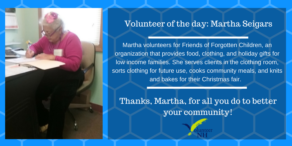 VolunteerNH's tweet image. Volunteer Of The Day: Martha Seigers.  Thanks, Martha!
#MakeBetter Happen #MakeADifference @NationalService