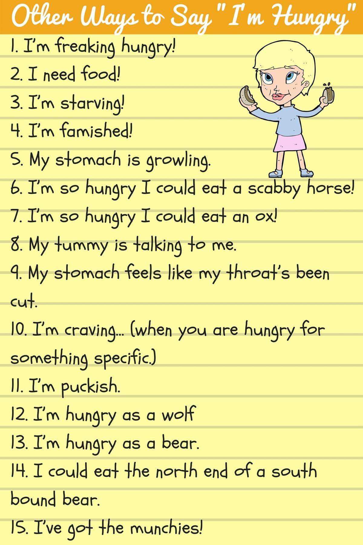 English Idioms Different Ways To Say I M Hungry 1 I M Freaking Hungry 2 I Need Food 3 I M Starving 4 I M Famished 5 My Stomach Is Growling 6 I M So English Idioms Different Ways To Say I M Hungry 1 I M Freaking Hungry 2 I Need Food 3 I M Starving 4 I M Famished 5 My Stomach Is Growling 6 I M So