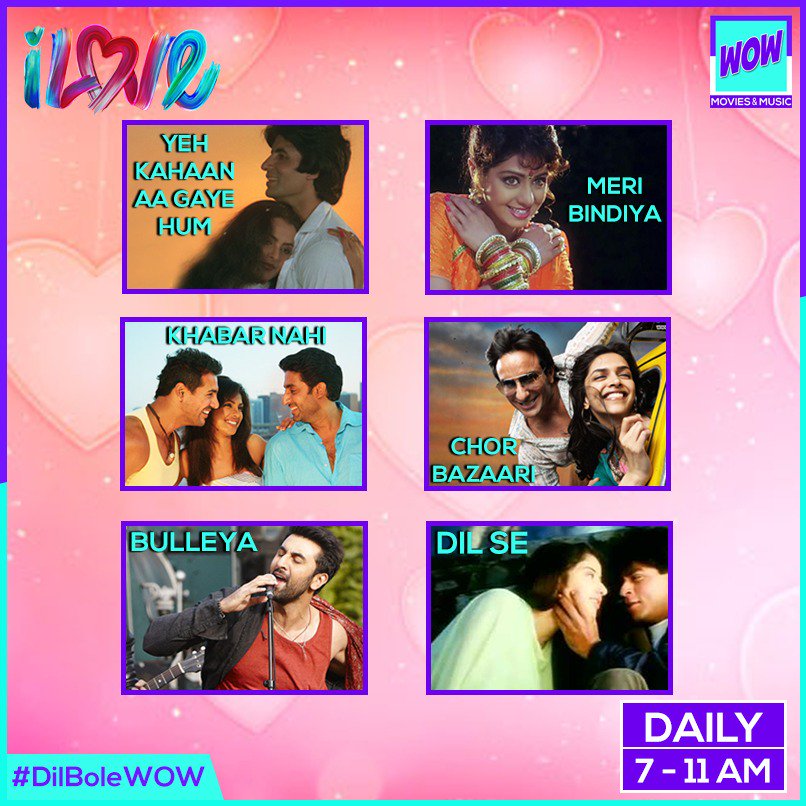 wow_dilbolewow's tweet photo. Catch all your favorite romantic hit songs on 'l Love' between 7-11 am exclusively on channel WoW.
#WoW #DilBoleWow #ILove #YehKahanAaGaye #MeriBindiya #KhabarNahi #ChorBazari #Bulleya #DilSe #music #party #songs #Bollywood #Trending https://t.co/oMj5jSa4m2