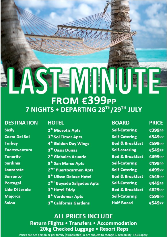This weekends last minute deals ✈️🏖️🌞
Call 051-872881 for more info &amp; to book