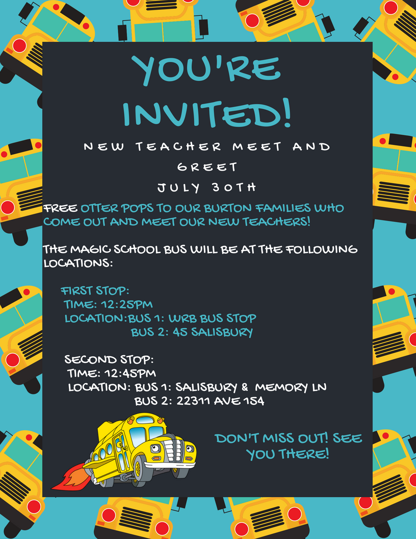 BurtonSchools's tweet photo. FREE otter pops ice cream!! July 30th the magic school bus will be at two locations!  Come out and meet our new teachers! https://t.co/JcCLBsy0ac