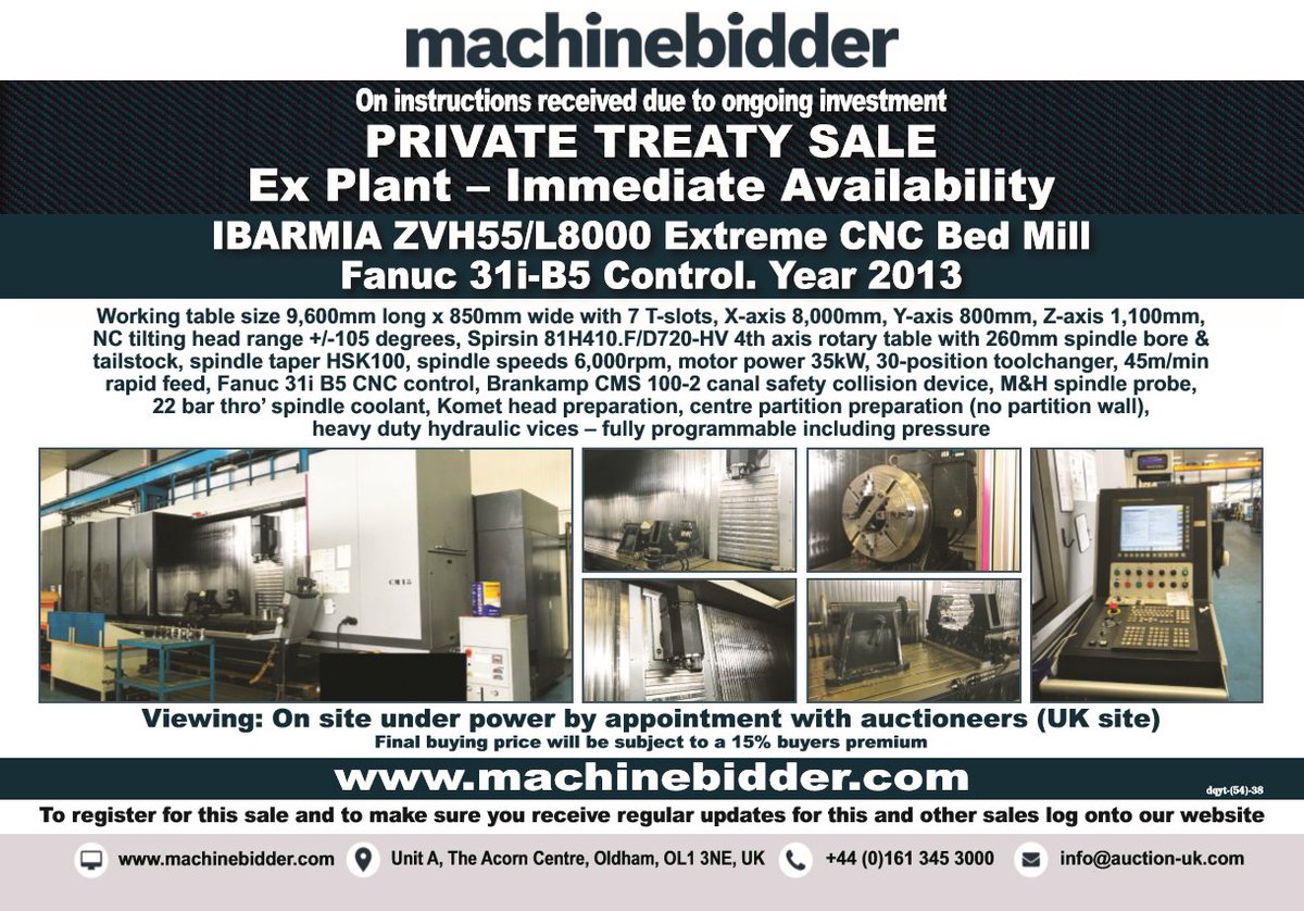 machinebidder's tweet photo. PRIVATE TREATY SALE - IBARMIA ZVH55/L8000 Extreme CNC Bed Mill. Fanuc 31i-B5 Control. Year 2013.
For further details visit https://t.co/ManuYcBjFa
#machinebidder #machines #privatetreatysale #ibarmia #cnc #bedmill #milling #bidnow https://t.co/88XWuukAwn