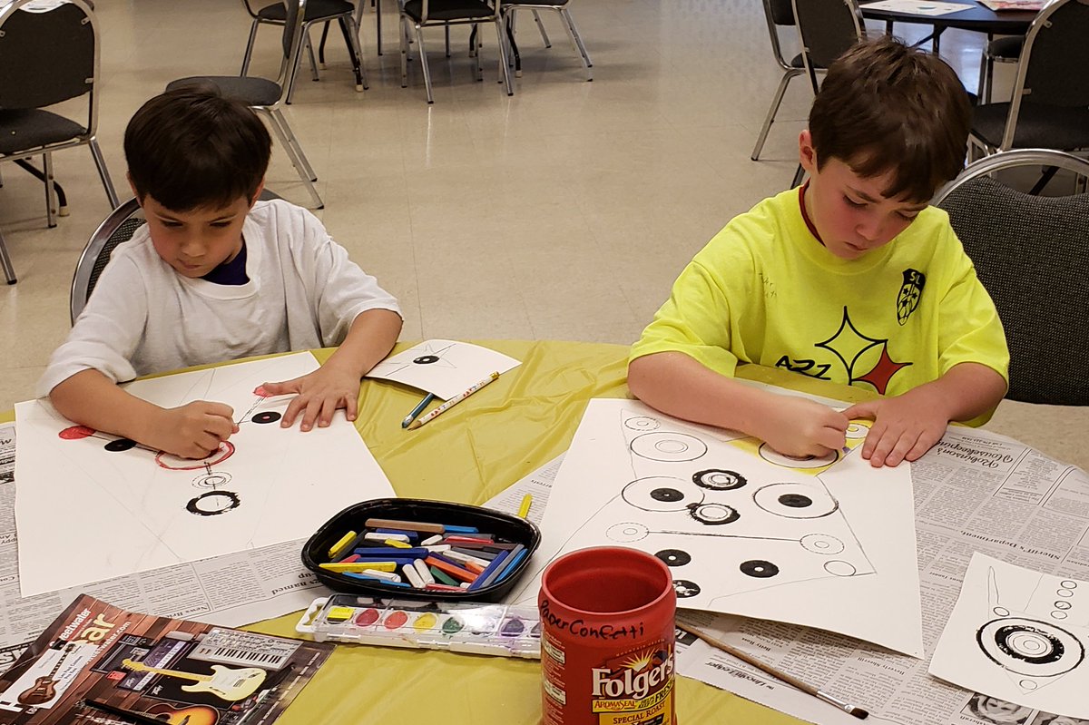 On Wednesday, we rocked. We looked at the geometrical artwork of Sonia Delaunay and listened to the guitar sounds of Jimi Hendrix. We then designed our own life-sized guitars, printed shapes and lines, and added color. <a href="/StarCityJBE/">Star City JBE</a> #WhateverItTakes