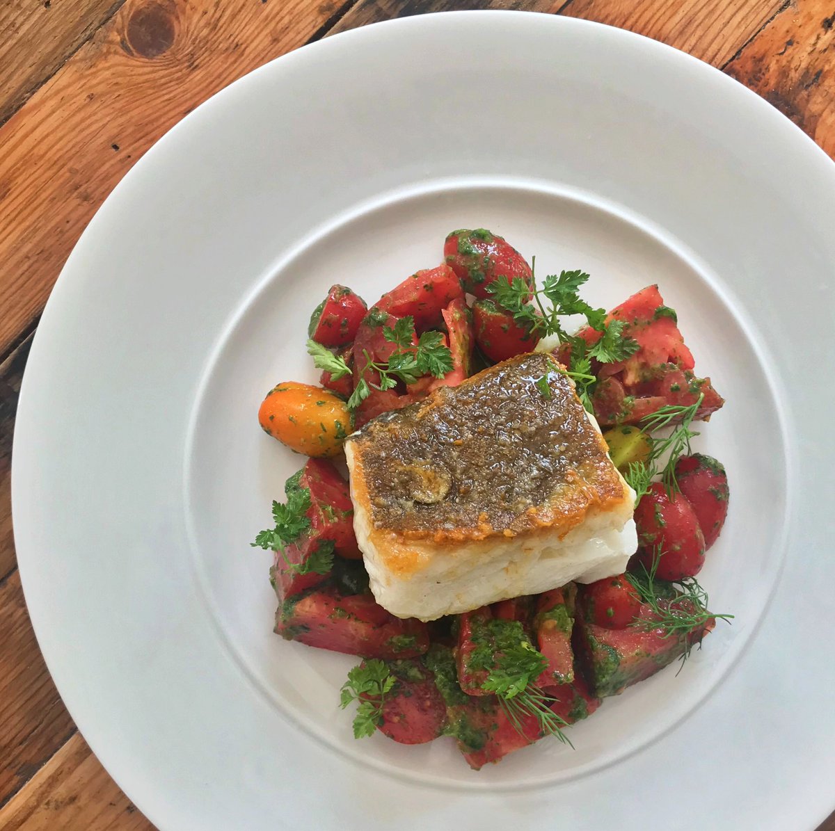 Roast cod, datterini &amp; vesuvio tomatoes dressed in mojo verde. Simples.