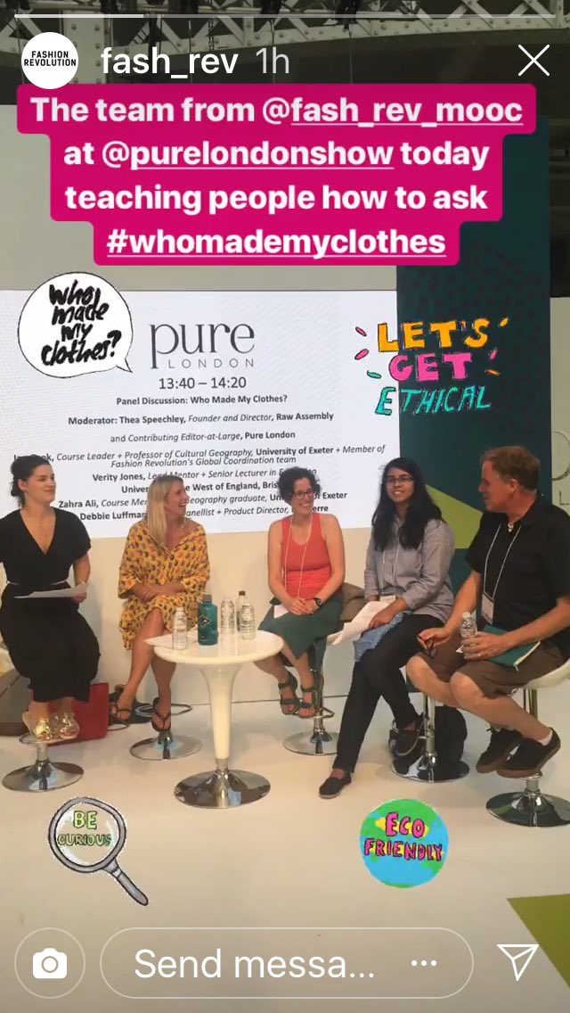 We pledged to say yes to invitations from learners taking the #whomademyclothes <a href="/fash_rev_mooc/">Who made my clothes?</a>. Thea asked if we'd discuss the course @PureLondonShow today. So we did! Ian, Zahra, Verity &amp; Debbie @FinisterreUK were together again! Thanks for asking! How are your pledges going?!