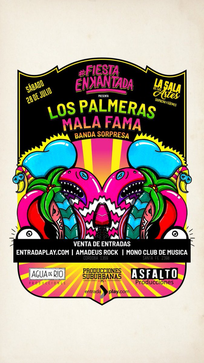 HacemosAlgo's tweet photo. Sabado 28 de Julio - #FiestaEnkantada en #LaSalaDeLasArtes de la mano de #LosPalmeras y #MalaFama!! Participa por un par de entradas, solo tenes que seguirnos y hacer RT!! #HacemosAlgo #Rosario #Rosarinos https://t.co/i7J5BHTEMx