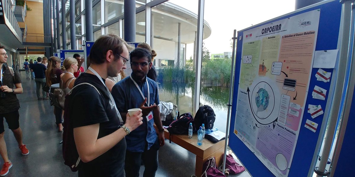 EPFL_iGEM's tweet photo. This weekend we were lucky enough to participate on the iGEM #EuropeanMeetup hosted by @iGEM_Munich In the LMU Biotech Campus. We got to meet other iGEM teams, learn about their projects and present our idea to improve cancer immunotherapy, CAPOEIRA. 
#iGEMepfl2018 #iGEM #Synbio https://t.co/pL6ZWynaZ1