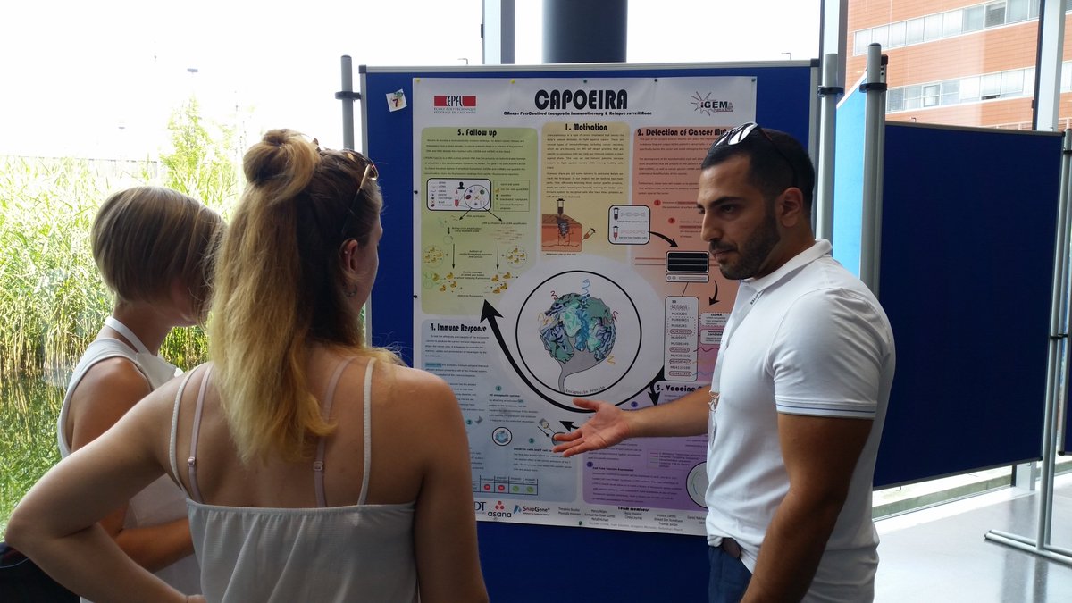 EPFL_iGEM's tweet photo. This weekend we were lucky enough to participate on the iGEM #EuropeanMeetup hosted by @iGEM_Munich In the LMU Biotech Campus. We got to meet other iGEM teams, learn about their projects and present our idea to improve cancer immunotherapy, CAPOEIRA. 
#iGEMepfl2018 #iGEM #Synbio https://t.co/pL6ZWynaZ1