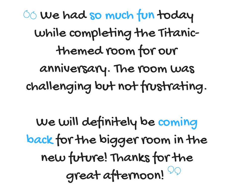 doyouevenescape's tweet photo. Have a #birthday or #anniversary coming up?

An #escaperoom makes for the perfect venue!

"We had so much fun today while completing the Titanic-themed room for our anniversary. We will definitely be coming back for the bigger room! Thanks for the great afternoon!" #camphill https://t.co/urYOFDMTAd