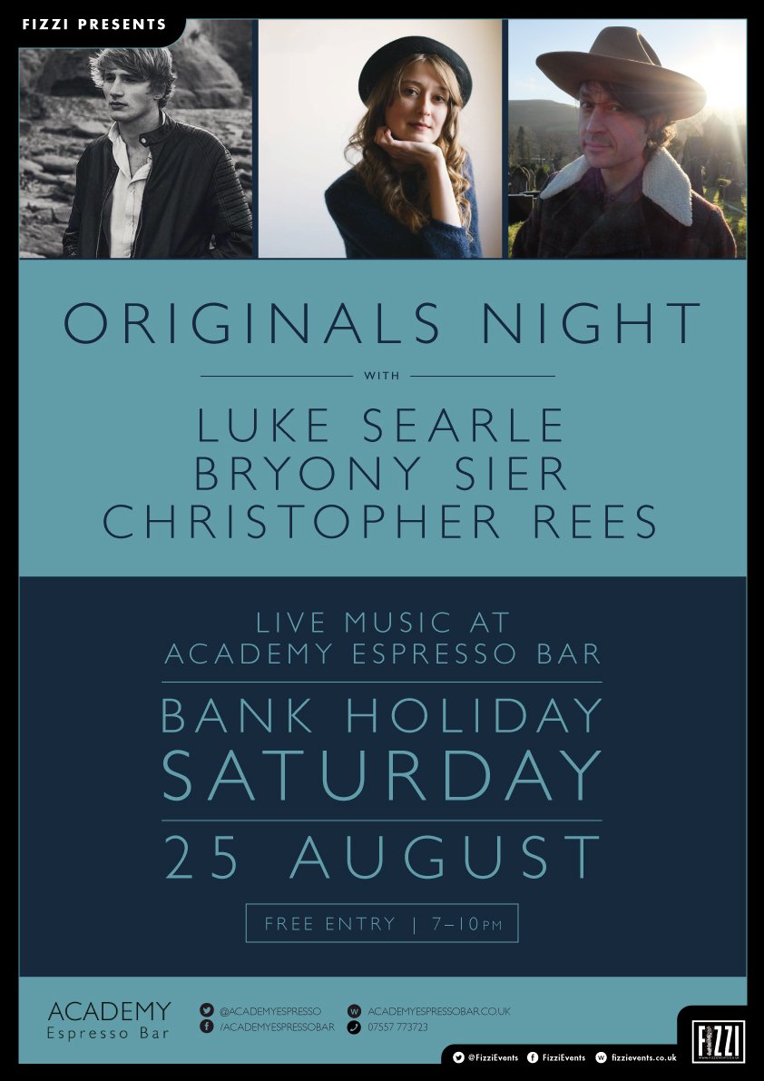 fizzievents's tweet photo. This August Bank Holiday at @academyespresso #Barry we are bringing you live original music from the wonderful @CReesMusic, @bryonysier and @LukeNSearle. What a treat!

#livemusic #august #bankholiday #summer https://t.co/y15NZIC7tz