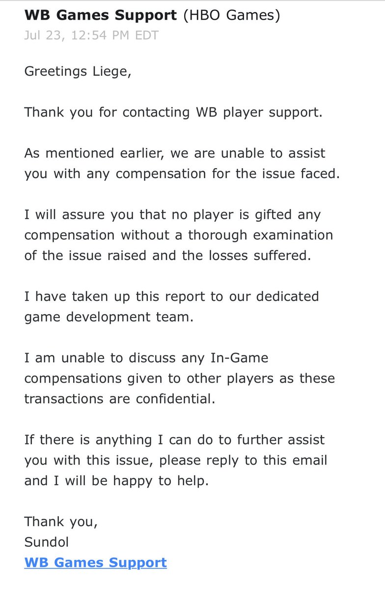 SeptonBrZeus's tweet photo. If you think I am going to let you sweep this under the rug, you are mistaken @WBGamesSupport @GOTConquest.  You can’t compensate people for the an issue then tell a third that their issue doesn’t deserve compensation. It is unethical. I am not going away. #GOTConquest https://t.co/9KYbwOk2hA