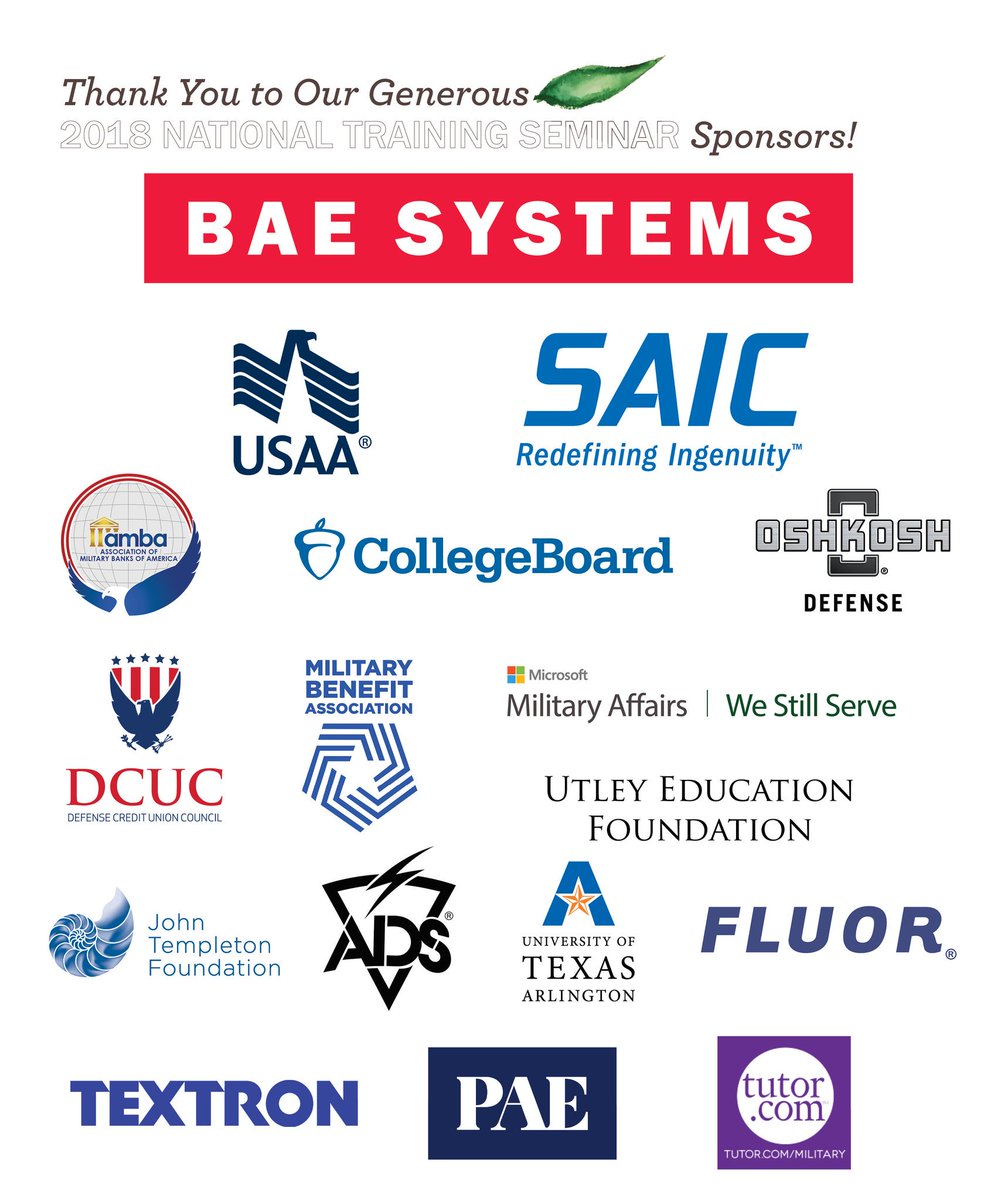 MilitaryChild's tweet photo. Thank you to our generous #MCECNTS2018 sponsors! @BAESystemsplc @USAA @SAICinc @MilitaryBanks @CollegeBoard @OshkoshDefense @DCUC_HQ @MilitaryBenefit @MSFT_Military @templeton_fdn @UtleyFoundation @FluorCorp @utarlington @Textron @ADSTactical @PAE_Company @tutordotcom https://t.co/t9gnrE6nb0