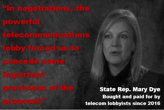 TFW your opponent takes campaign contributions from telecom giants, then says they "forced" her to create monopolies in order to get broadband to rural communities. 😡
Read about this &amp; more @ bit.ly/2uKw0yh
#DefeatDye #GetMoneyOut #ProtectOurDemocracy #VoteForJennGoulet