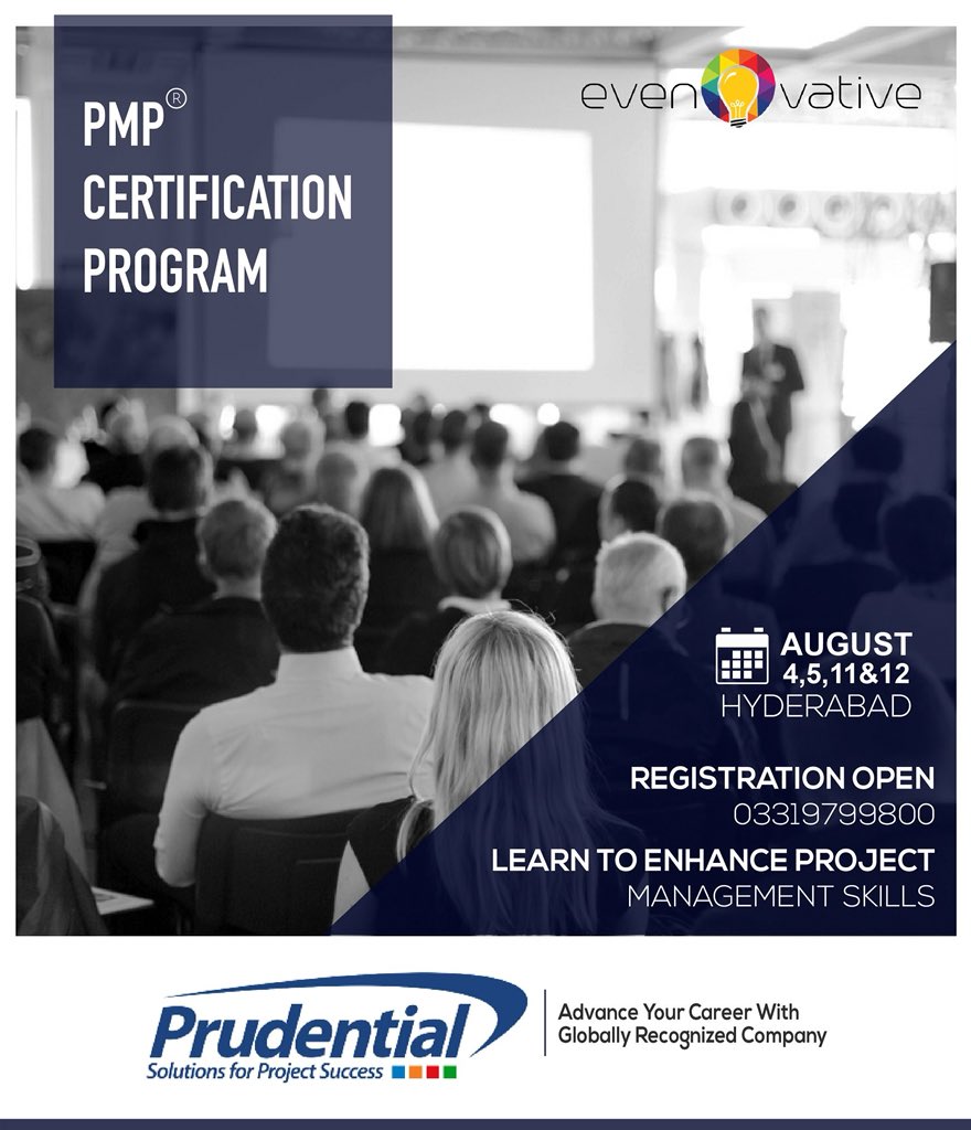 MemonMaria's tweet photo. PrudentialSolutions in collaboration with Evenovative has planned a 4 days training program on PMP Certification Exam Preparation in Hyderabad.
Registration link: https://t.co/86QlN6nQib
#planning #projectmanagement #training #certification #prudentialsolutions #evenovative https://t.co/Lip4ESscYa