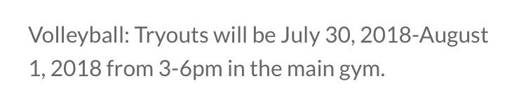 MCHS_VB's tweet photo. ❗️Important Dates❗️ 
TICKET TO PLAY
Tuesday (7/24): 5-7PM
Wednesday (7/25): 10AM-12
Thursday (7/26): 10AM-12
TRYOUTS
7/30-8/1: 3-6PM MC GYM https://t.co/qSIl7pSZf3