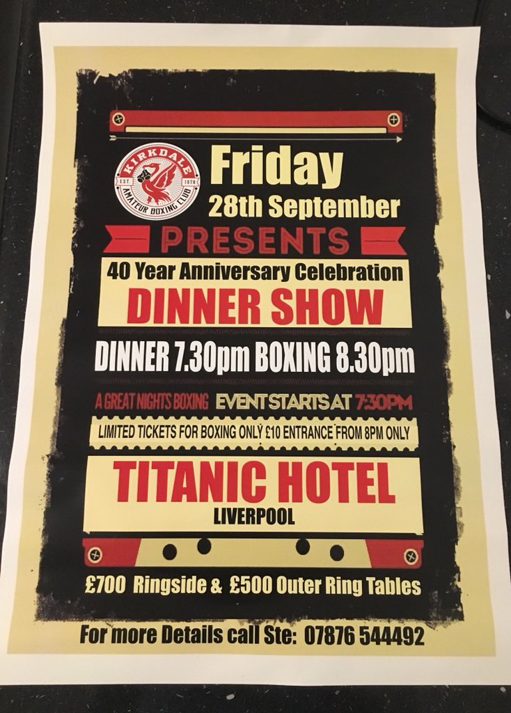 Kirkdaleboxing1's tweet photo. Save the date...Kirkdale abc 40 yrs old! Look forward to seeing you all there 

@CallumSmith23 v @StGeorgeGroves to be shown on screen too #KRS #40yrs #Mundo pls RT https://t.co/vk4wxMGDvf