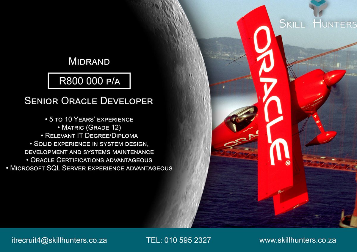 SkillHunters_'s tweet image. Senior Oracle Developer •Midrand •R800 000 p/a (subject to experience) •5 to 10 Years’ experience •Matric (Grade 12) •Relevant IT Degree/Diploma. Mail us on itrecruit4@skillhunters.co.za #SeniorOracleDeveloper #OracleDeveloper #Oracle #SQL #IT #SkillHunters