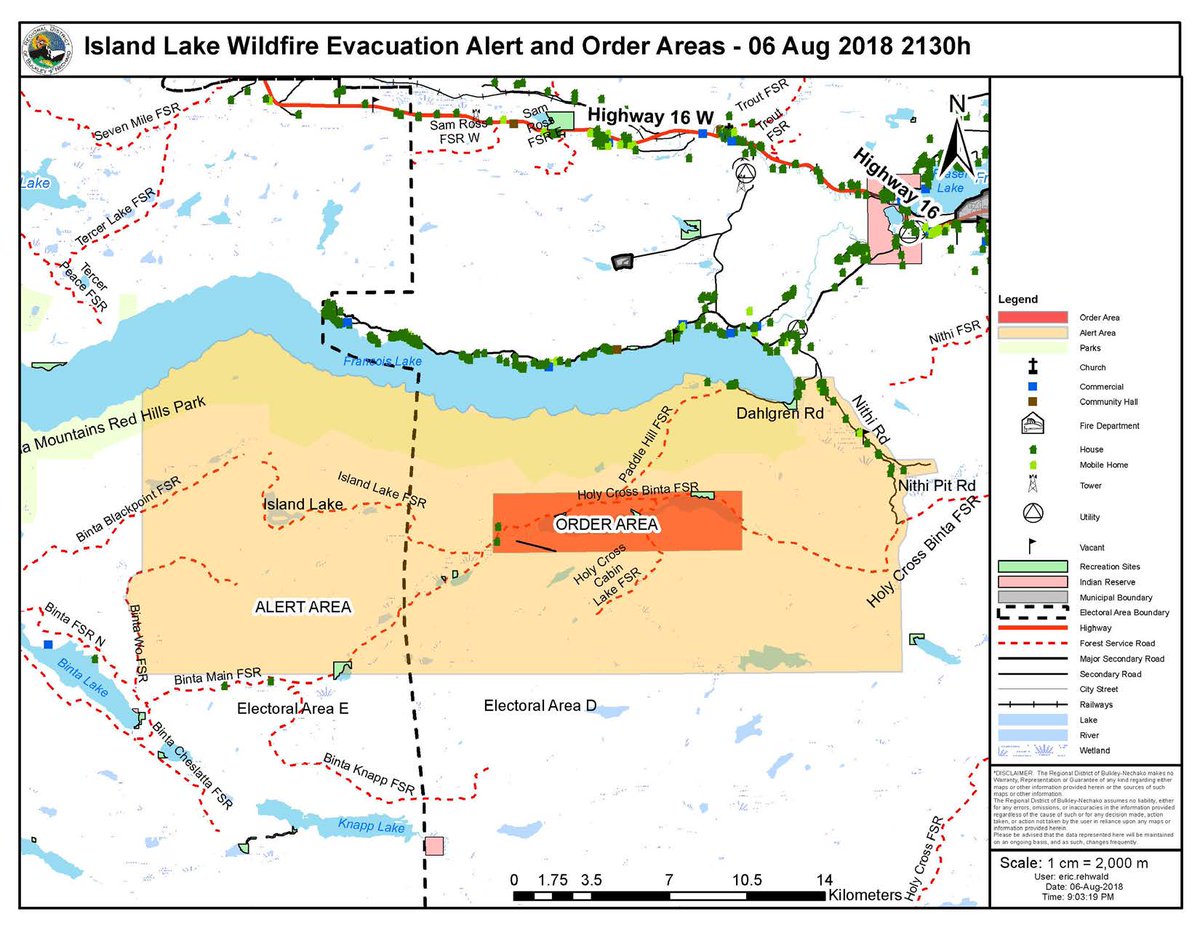 BNemergencyInfo's tweet photo. **Island Lake Fire Update**
The Regional District of Bulkley-Nechako has issued expansions to the Island Lake Fire Evacuation Order and Evacuation Alert areas. Please see the attached map for details. https://t.co/3eA0hIrfEl