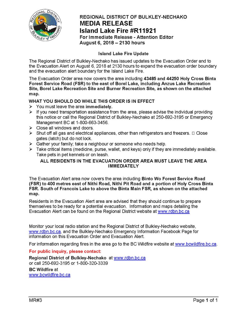 BNemergencyInfo's tweet photo. **Island Lake Fire Update**
The Regional District of Bulkley-Nechako has issued expansions to the Island Lake Fire Evacuation Order and Evacuation Alert areas. Please see the attached map for details. https://t.co/3eA0hIrfEl