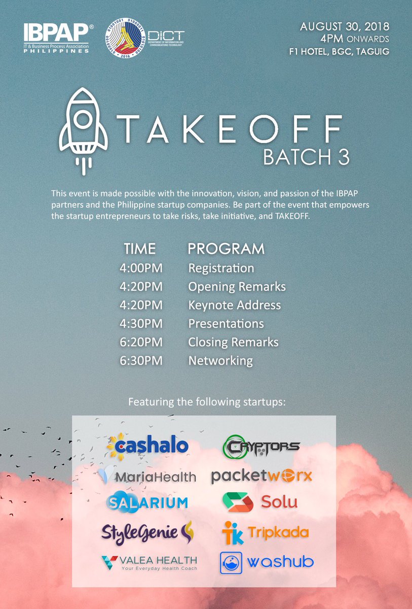 solu_hq's tweet photo. We’re looking forward to being a part of #IBPAP and #DICT’s *Takeoff* event later this month. 

Come down and watch us pitch at the @f1hotelmanila ! https://t.co/n59DcDfwst