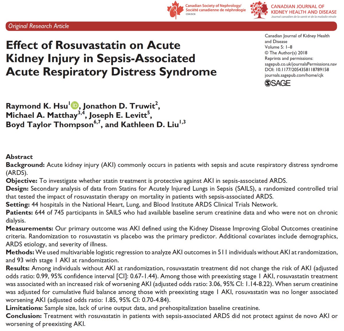 LATEST from our @DrRaymondHsu @LiuKD: Effect of #Statin therapy on Septic AKI in #CJKHD @CSNSCN data from @nih_nhlbi journals.sagepub.com/doi/full/10.11…