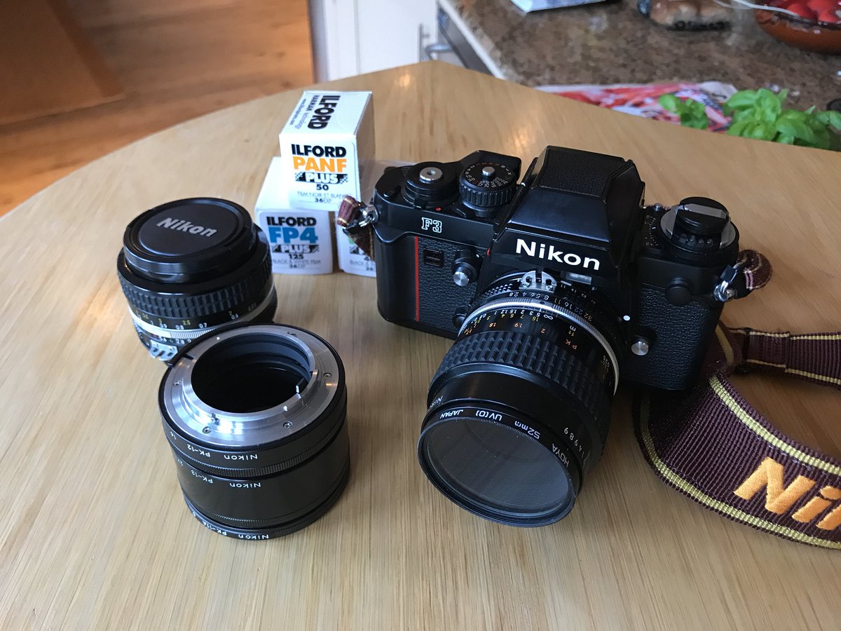 shutternutter's tweet image. #camerachallenge Simple macro toys #NikonF3, 55mm macro lens (my favourite!), extension tubes (PK11A, 12, 13), a 50mm 1.4 and of course some @ilfordimaging film. Subject matter to be decided. Oh and a tripod.