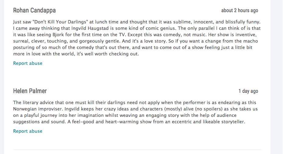 detandreteatret's tweet photo. The Björk of comedy!
"Don't Kill Your Darlings" is getting great user reviews!
Everyday until 26 Aug 13:15 at @ZOOvenues Charteris
#EdFringe #edfringe2018 #IntoTheUnknown #ZOO18 #detandreteatret #DATontour https://t.co/gysF6F3rDy