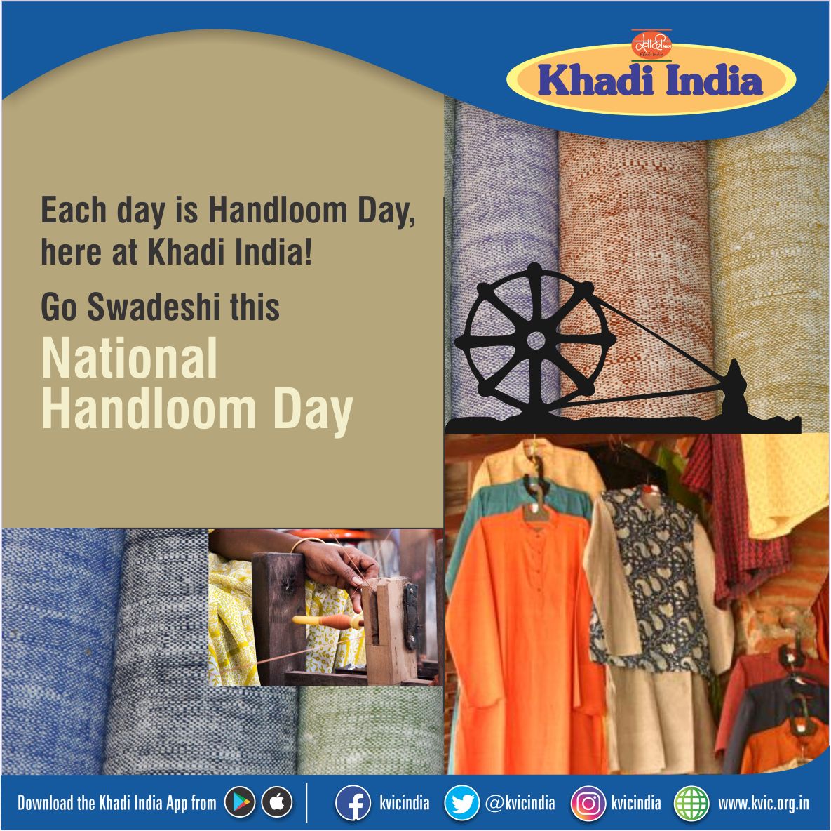 kvicindia's tweet photo. Khadi is heart of India's Handloom industry Let's celebrate the millions of spinners weavers &amp; artisans that create ethereal fabric hallmark of India #NationalHandloomDay @PMOIndia @narendramodi @girirajsinghbjp @ChairmanKvic @smritiirani @minmsme @TexMinIndia @FashionTextile https://t.co/RZVVg3biWW