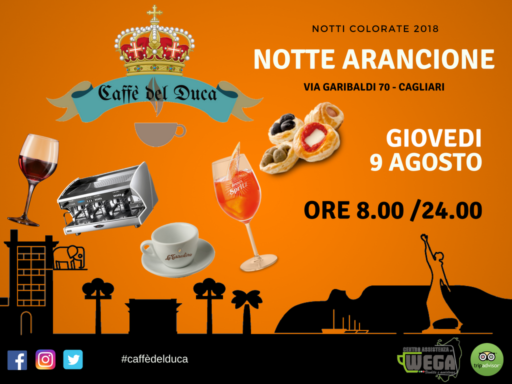 CaffedelDuca's tweet photo. Ultimo appuntamento con le #notticolorate .Questa volta la via dello shopping di Cagliari si colora di ARANCIONE. Ti aspettiamo da Caffè del Duca per il tuo aperitivo regale fino alle 24.00. Ricorda di inserire nelle tue foto l'hashtag #caffèdelduca 🍹😉🍧#notticolorate2018 https://t.co/dWNhAfzByy