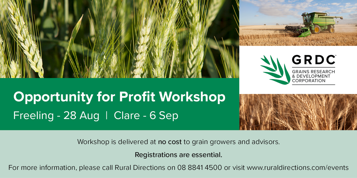 Opportunity for Profit Workshops for South Australia to be held in Freeling and Clare 28 August. Half day workshops will delve into what drives profit in each agro-ecological zone. Details here: bit.ly/2KyxLUr
