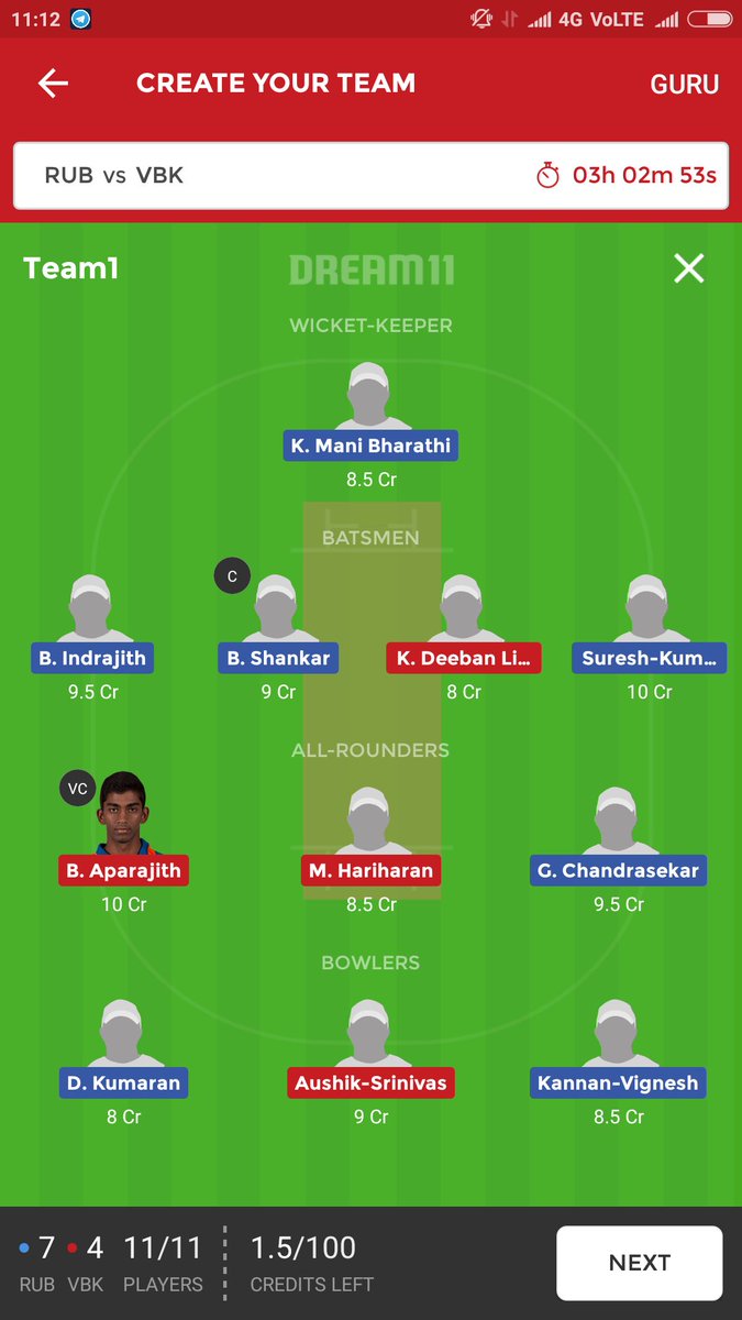 Lokendr_123's tweet photo. Here is my gl team for #TNPL2018 #RUBVSVBK #DREAM11 https://t.co/ALTxHiDPc8