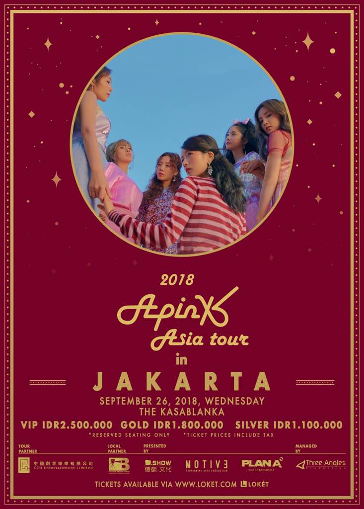 Ticketing News for PANDAs!

DATE: 26/9/2018 (WED), 8pm
VENUE: THE KASABLANKA
TICKET PRICES :
VIP IDR 2,500,000 
GOLD IDR 1,800,000
SILVER IDR 1,100,000 *Ticket Pricing excludes Booking Fee
TICKETING: LOKET.com 
TICKET LAUNCH: 15/8/2018,
(WED) 2pm
#Apink #에이핑크