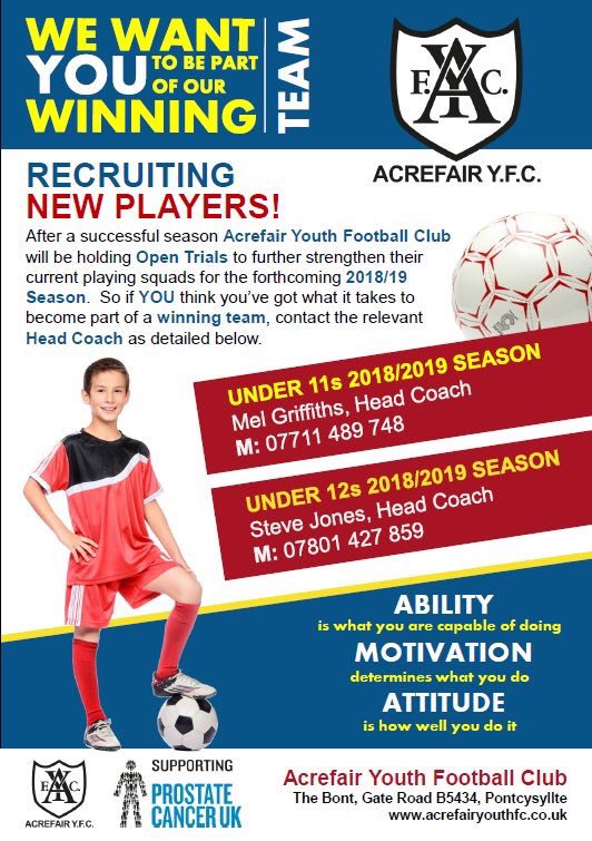 Acrefair Youth FC (@acrefairyfc) on Twitter photo <a href="/AcrefairYFC/">Acrefair Youth FC</a> are recruiting new players for their U11 & U12 squads for the forthcoming 2018/19 season.
So if you’re interested in playing for <a href="/AcrefairYFC/">Acrefair Youth FC</a> then call the relevant coach in the attached flyer to register your interest.
#TogetherWeStand
<a href="/welshfootie/">welshfootie</a> <a href="/wrexham/">Wrexham.com</a> <a href="/AcrefairYFC/">Acrefair Youth FC</a> are recruiting new players for their U11 & U12 squads for the forthcoming 2018/19 season.
So if you’re interested in playing for <a href="/AcrefairYFC/">Acrefair Youth FC</a> then call the relevant coach in the attached flyer to register your interest.
#TogetherWeStand
<a href="/welshfootie/">welshfootie</a> <a href="/wrexham/">Wrexham.com</a>