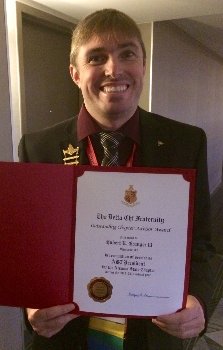 azvalleyalumni's tweet photo. Congratulations to our @azvalleyalumni chapter "C", Trey Granger, for receiving the Outstanding Chapter Advisor award for his work with the @ASUDeltaChi Chapter. Go Devils! #DXC18 https://t.co/B4v10KtEJu