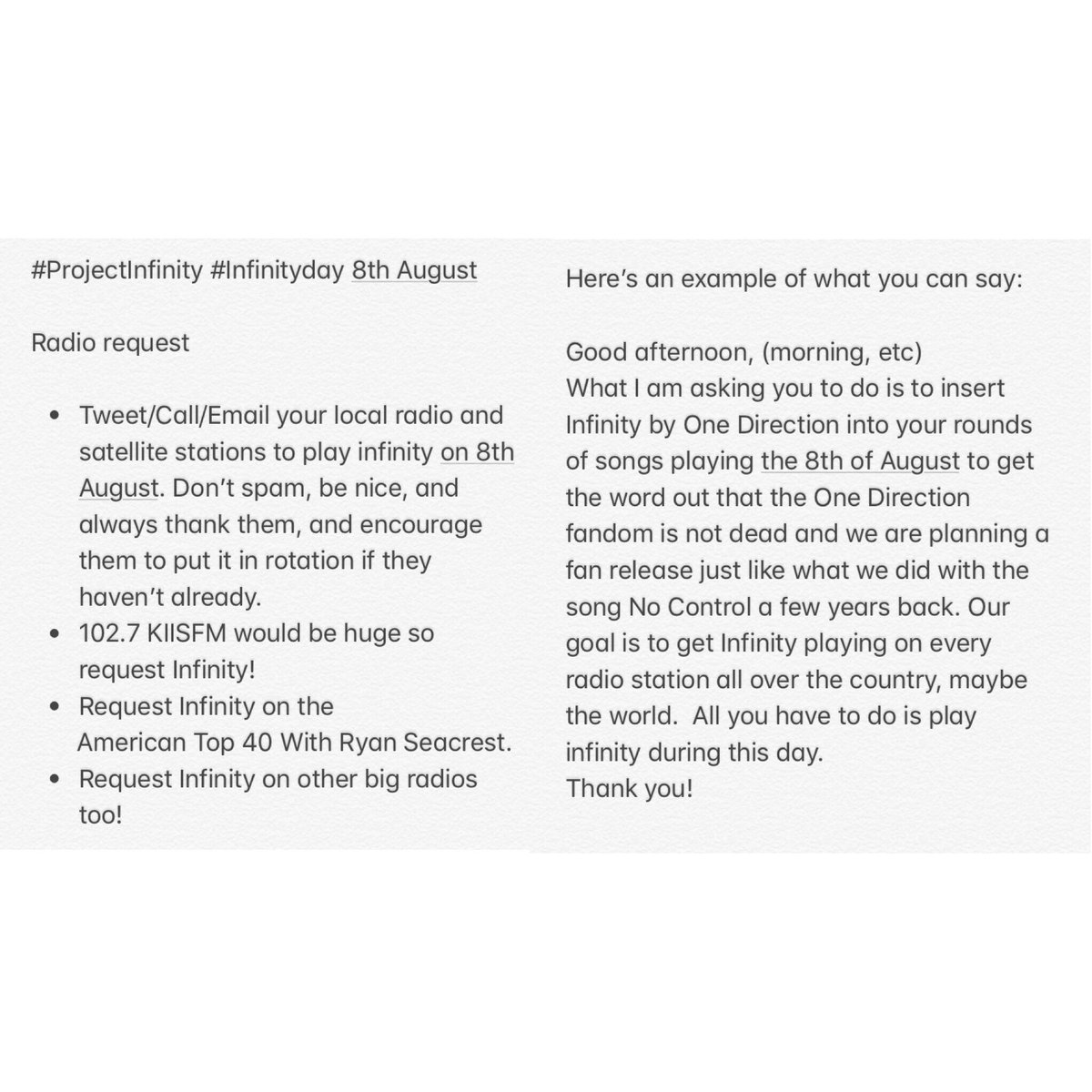 1d_promoting's tweet image. Here are a list of some more radio stations you can contact to play Infinity on 8th August:

Australia:
@KIIS1065
@KISS1011
@hit105brisbane 
@hit107
@hit1047canberra 
@nova969 
@mix1023
@gold1043

Chile:
@40chileoficial
@radiocarolina 

France: 
@NRJhitmusiconly

#ProjectInfinity