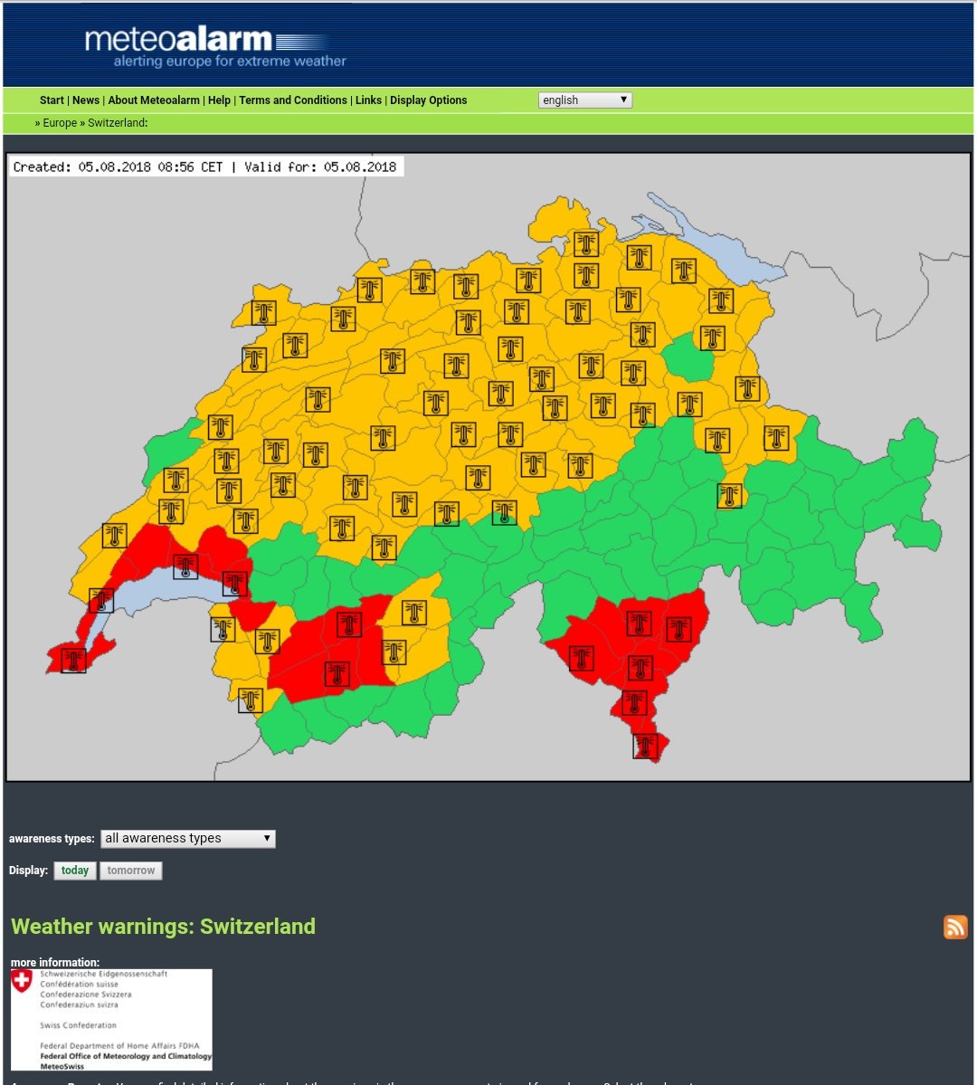 Meteoalarm map of Switzerland showing active red, orange and yellow weather warnings