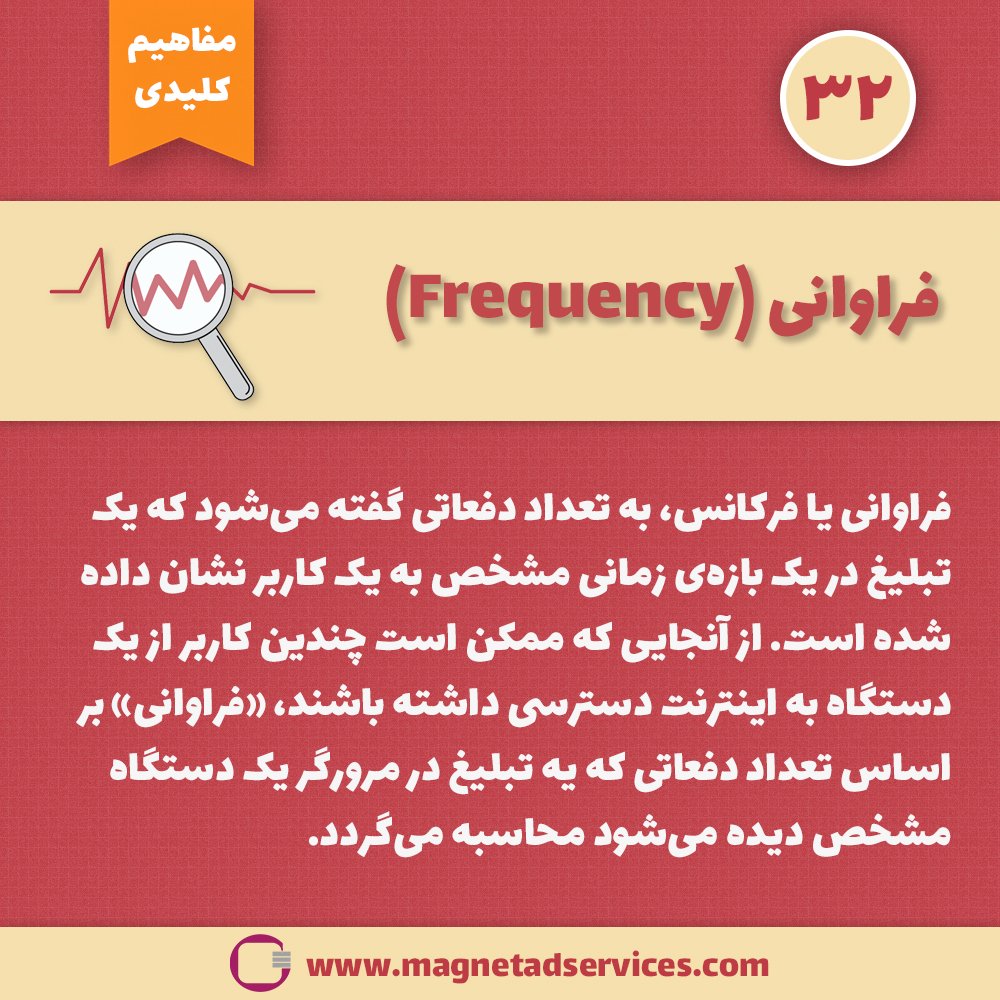 MagnetAdService's tweet photo. #مفاهیم_کلیدی_تبلیغات_آنلاین:
-فراوانی (Frequency)
#تبلیغات #دیجیتال_مارکتینگ #بازاریابی_آنلاین #تبلیغات_دیجیتال #اپلیکیشن #درآمدزایی https://t.co/rAwWv6LVlq