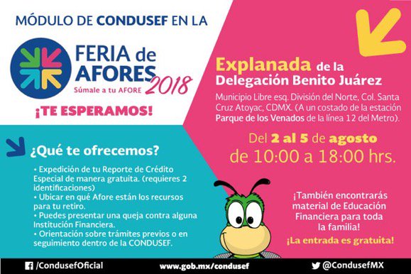 CondusefMX's tweet photo. Nos vemos en la #FeriadeAfores2018, donde podremos ayudarles a saber en que Afore están o obtener su historial crediticio (Buró de Crédito). https://t.co/SOIuadVeT5