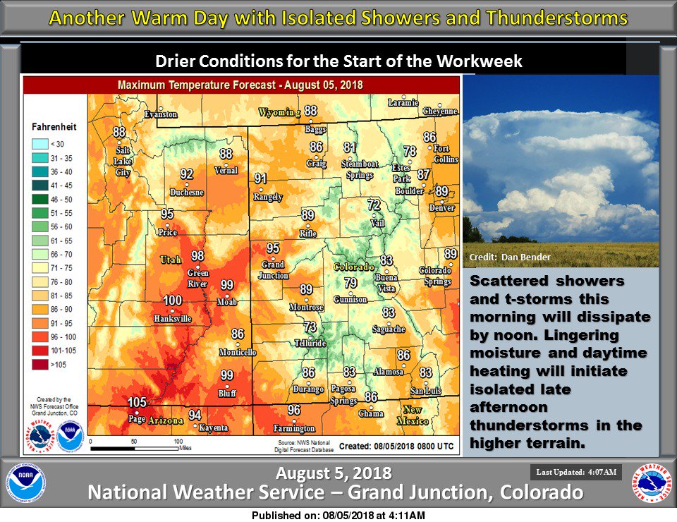 NWSGJT's tweet photo. Scattered showers &amp; t-storms today as a disturbance exits the region. Drier &amp; warmer conditions for the start of the workweek. #COwx #UTwx https://t.co/OQxEDcE2D4
