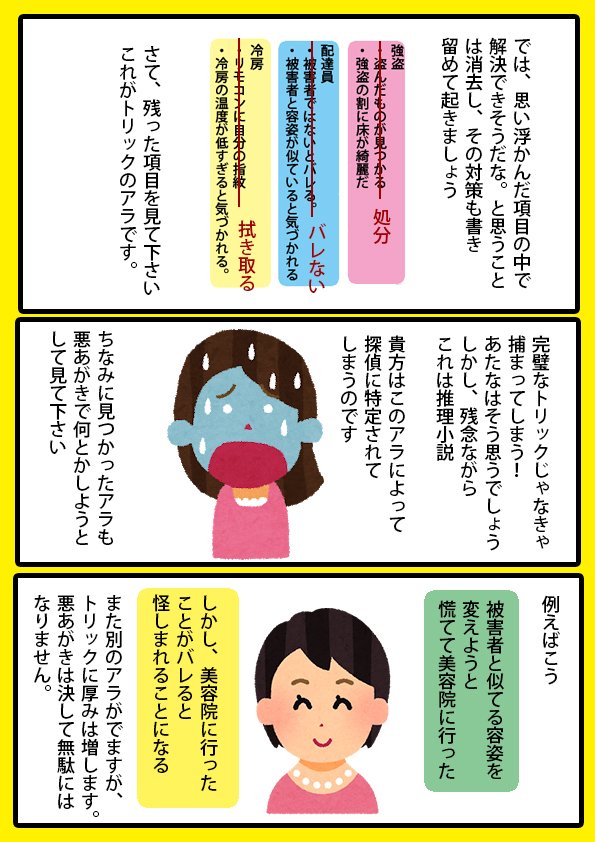 ぎょりー Twitter પર 推理小説の書き方 あくまでも私個人の書き方です その トリックを煮詰める