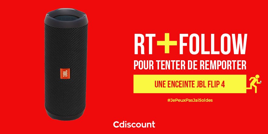 Cdiscount's tweet photo. 🎁 #Concours 

👌 À gagner pour les #Soldes2018 : Enceinte JBL Flip 4   👉 https://t.co/JYVAuMERrb

🔸 Pour tenter votre chance : 
#RT + #FOLLOW @Cdiscount

☑️ TAS 10/08 https://t.co/5SiAqA3CZp