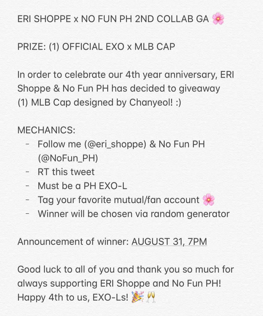 ERI_SHOPPE's tweet photo. ERI Shoppe x No Fun PH 2nd Collab GA

Since it’s our 4th anniversary, we have decided to giveaway this cap to our precious Eris 💗 #HappyEXOLDay

PRIZE: (1) OFFICIAL EXOxMLB Cap designed by PCY

Mechanics:
- Follow @eri_shoppe &amp; @NoFun_PH 💕
- RT this tweet
- Tag your fav mutual https://t.co/rc5dfnK28r