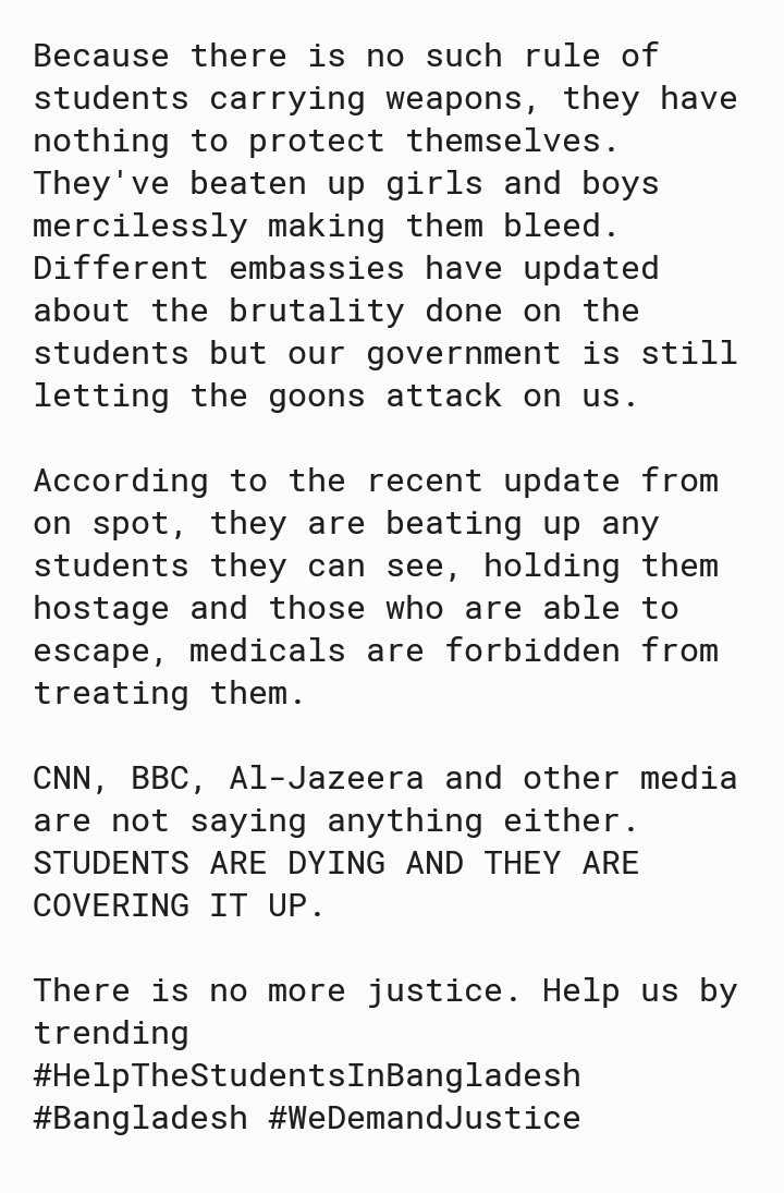 BTSIndiaFanbase's tweet photo. A message for help from Bangladesh ARMYs!

Please Read.

They have to go private and stay off the grid as everyone is being watched.

#HelpTheStudentsinBangladesh
#WeDemandJustice #Bangladesh https://t.co/SazzXuRYMY