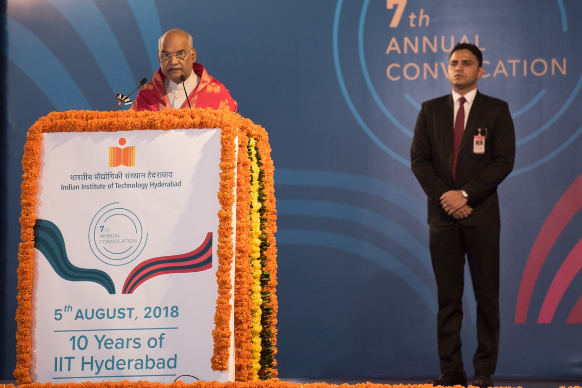 IITHyderabad's tweet photo. Hon’ble President of India Shri Ram Nath Kovind delivered Convocation Address during the 7th Convocation of #IITHyderabad. 566 students graduated this year. He congratulated graduating students &amp; commended Institute’s achievements

@rashtrapatibhvn @PrakashJavdekar @HRDMinistry https://t.co/7TcFLvrBbG