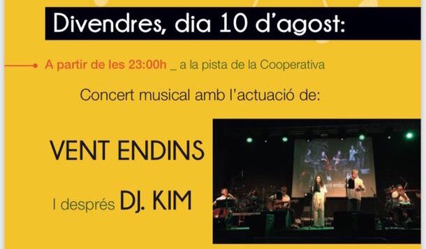 VentEndins's tweet photo. 🎶 #Concert dels #VentEndins a #ElsPratsDeRei 🎆🎇
🗓 10 d’Agost de 2018
⏰ 23:00 
🏛 Pista de la Cooperativa 
@musicaencatala @MusicaenDirecte #poprural #festamajor #music #fotli @music #folk #rumba https://t.co/0er5SlmwC4