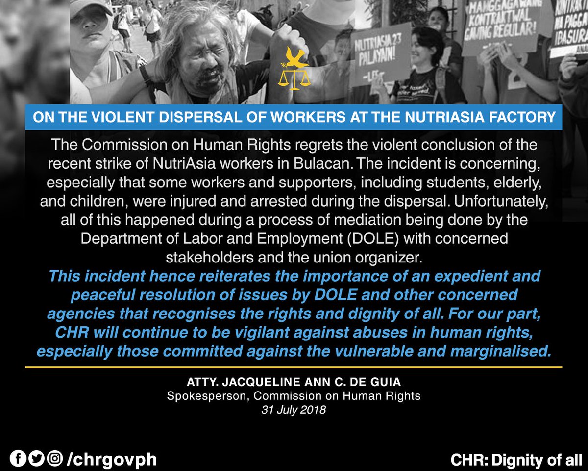 Here's our statement of the violent dispersal of workers at the NutriAsia factory: bit.ly/2AIwnir

#NutriAsiaWorkersStrike
#LaborRights
#DignityOfAll