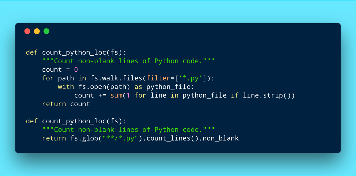 willmcgugan's tweet photo. Working on adding glob support to #PyFilesystem Compare these two versions of count_python_loc https://t.co/f2hkiq0mPr