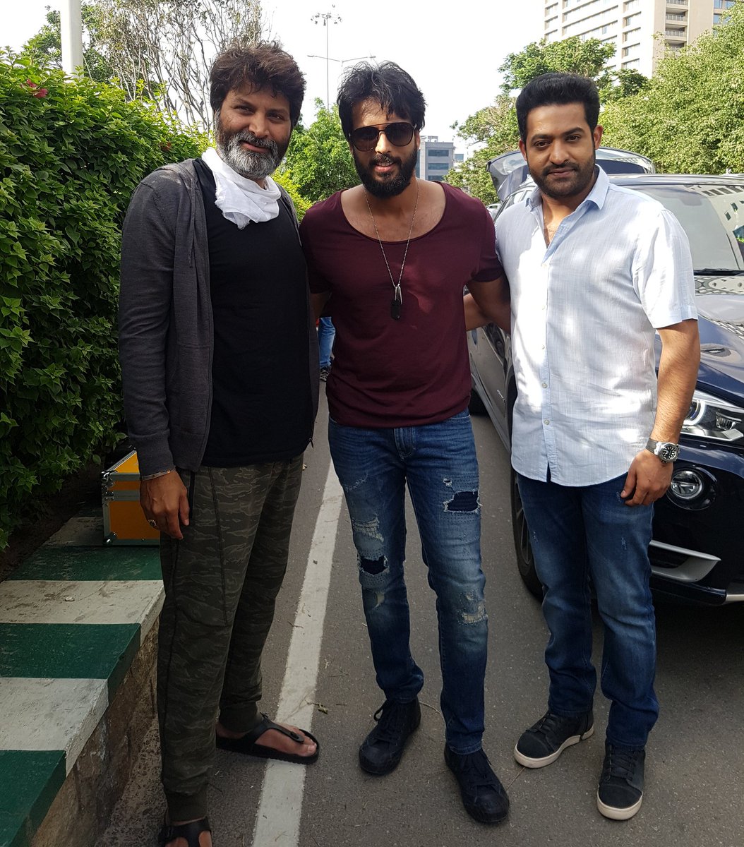 #AdarshBalakrishna  with Young Tiger #NTR @tarak9999 and #Trivikram garu from the sets of #AravindaSametha