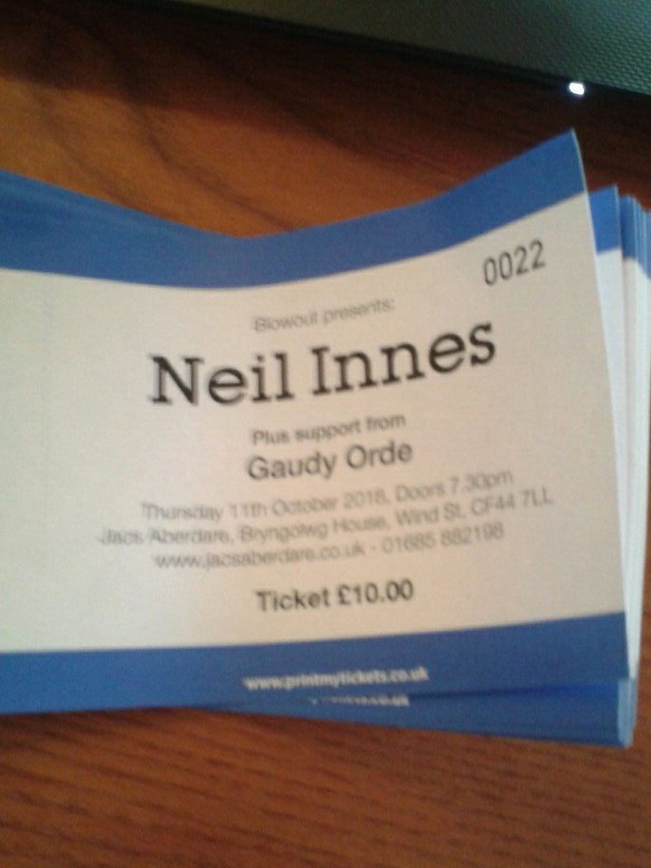 You too can have a ticket like this. The one and only <a href="/NeilInnes/">Neil Innes</a> and the riotous <a href="/gaudyorde/">Gaudy Orde</a> is a match made in Sweden. On sale now from the Blowout gang, @RedHouseAberdar  and <a href="/jacsmusicvenue/">jacs music venue</a> itself. Or track me down and I'll see to you in person. 😉